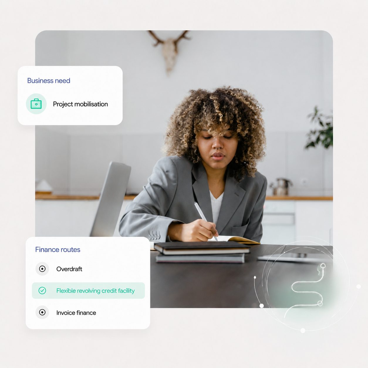 Small business owners reviewing finance route options with Upstride overlays