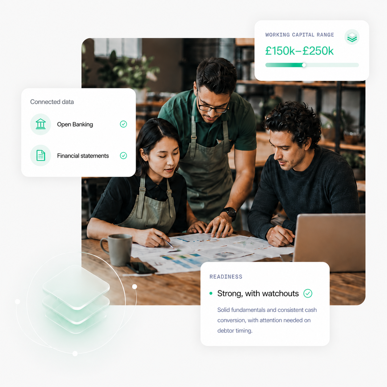 Small business owners reviewing their working capital, with Upstride data overlays